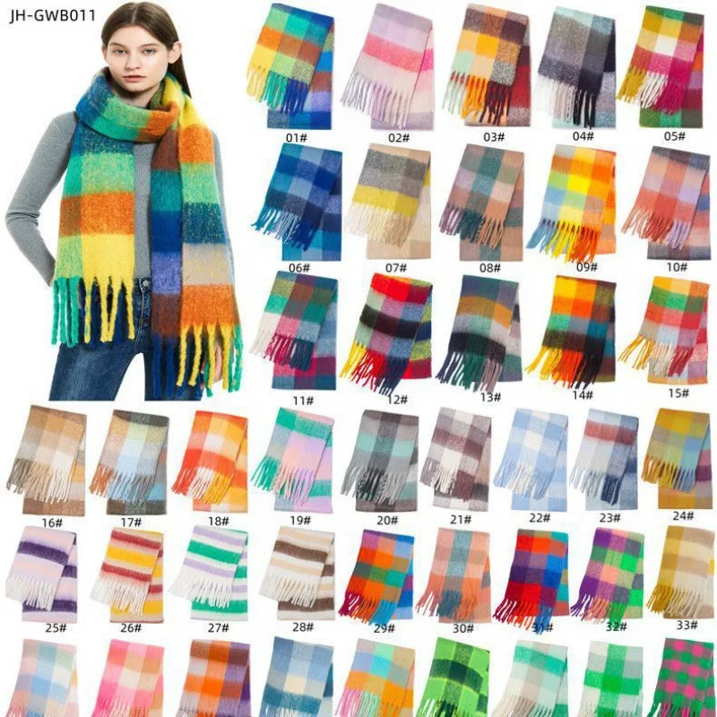 

Зимняя мода Бритиский клетчатый шарф женский теплый женский шарф из пашмины накидки Bufanda шаль с кисточками длинный Радужный волосатый люксовый бренд