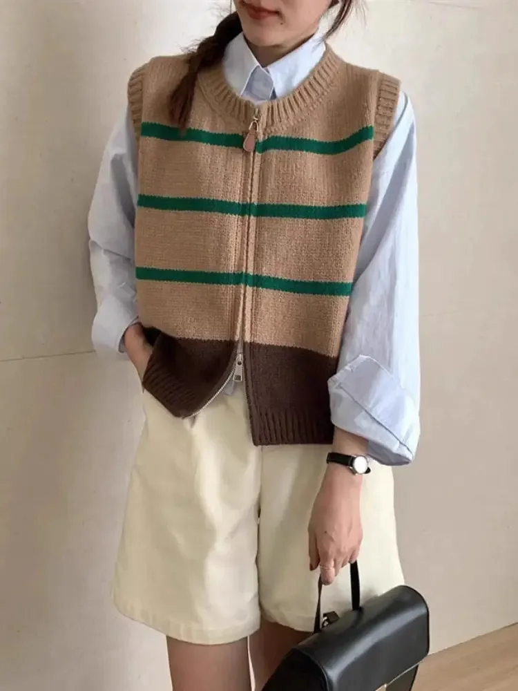 Striped Zipper Cardigan Knitted Vest Women's Casual Sleeveless Baggy Sueter Gilet Korean Soft Fashion O-Neck Loose Sweater