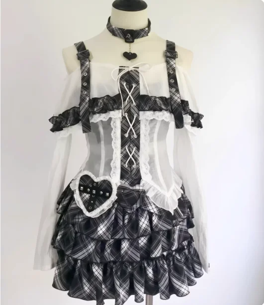 Spring New Dark Sweet Subculture Lace-up Long Sleeve Slash Neck Top Personalized Girl Black White Plaid Lace Skirt Japanese Sets
