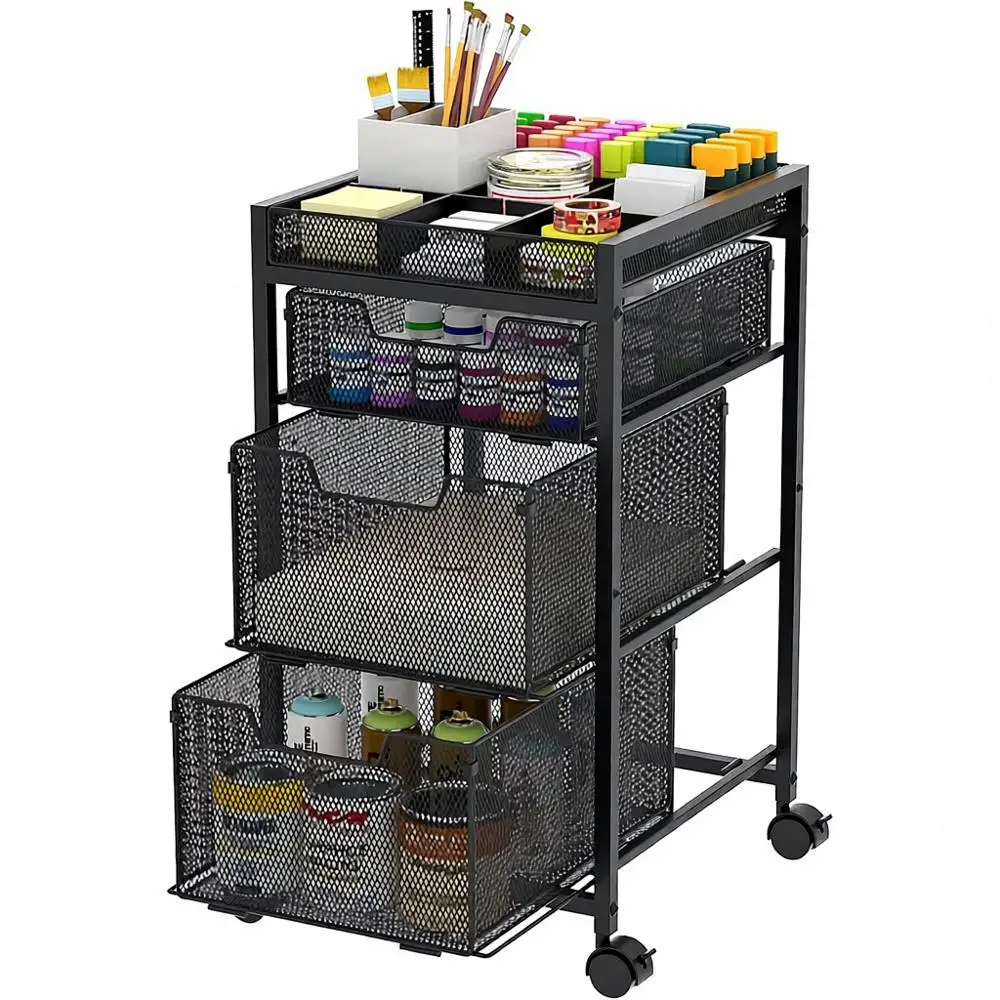 

Multi-Functional 3-Tier Utility Cart with DIY Dividers, Lockable Wheels for Art Supplies and Storage