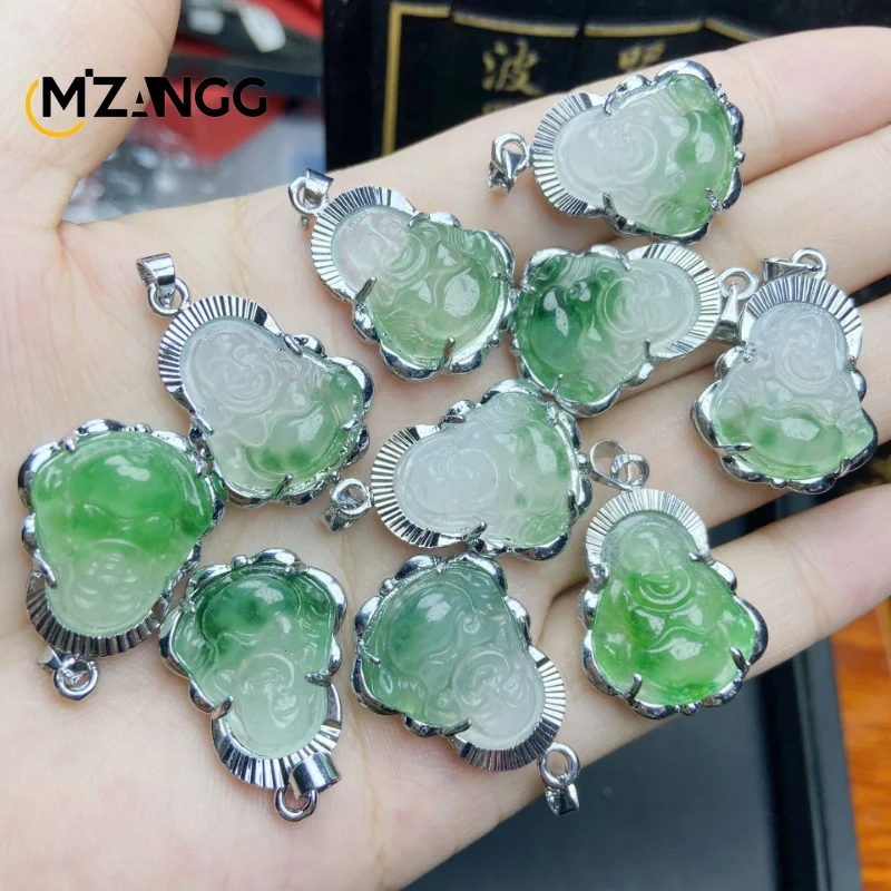 925 Silver Inlaid Jade Buddha Necklace Jadeite Ice Mini Maitreya Buddha Personalized Pendant Lucky Amulet