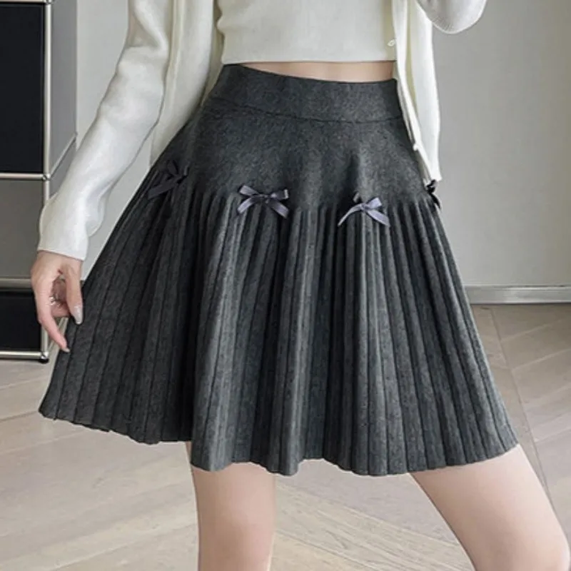 Korean Elastic Waist Bow Pleated Mini Skirt Sweet Knitted Short Dress Women Fashion Casual A-Line Anti-slip Skirts Winter Autumn