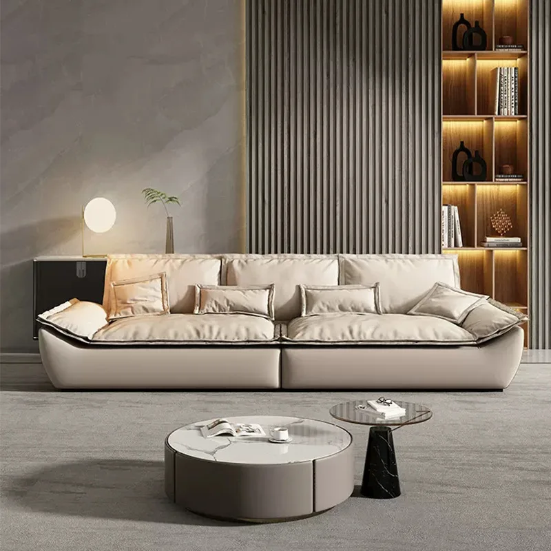 Italian-style minimalist frosted fabric sofa, small living room, vertical down genuine leather sofa