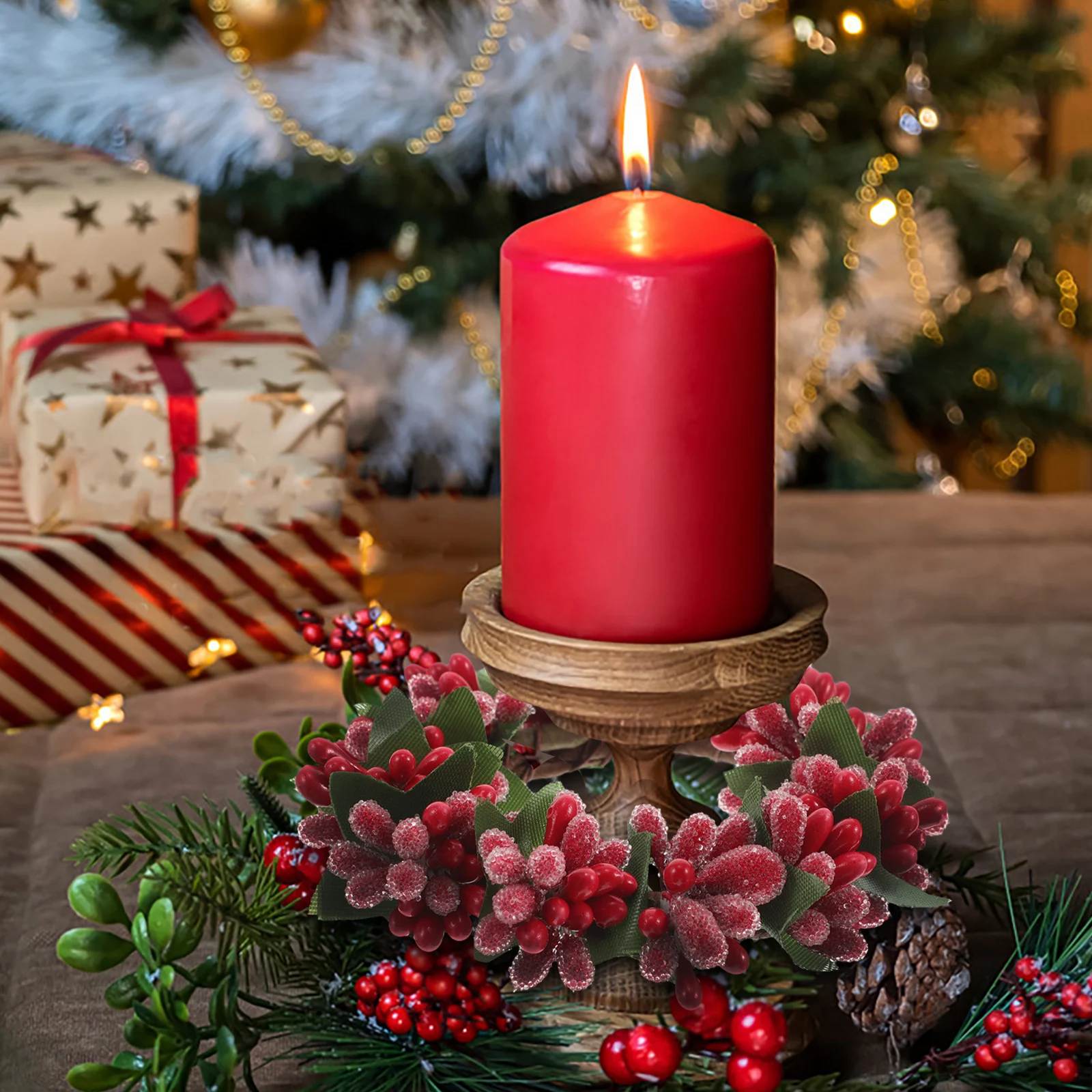 

Christmas Holder Mini Wreath Artificial Red Berries Garland Centerpiece Table Decor Xmas Holiday Winter Ring