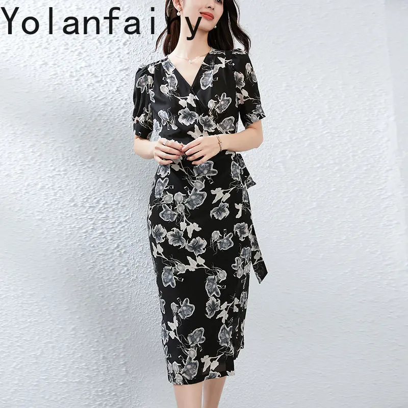 YOLANFAIRY 100% التوت الحرير فستان صيفي 2025 الكورية نمط Cinched الخصر فساتين الحفلات امرأة قصيرة الأكمام فستان أسود زهري