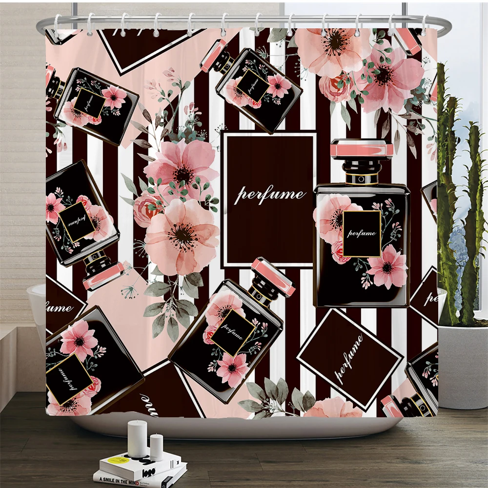 Flower Pattern Bathroom Curtain Cosmetics Perfume Print Shower Curtains Bath Mats Pedestal Rugs Toilet Cover Non-slip Carpet