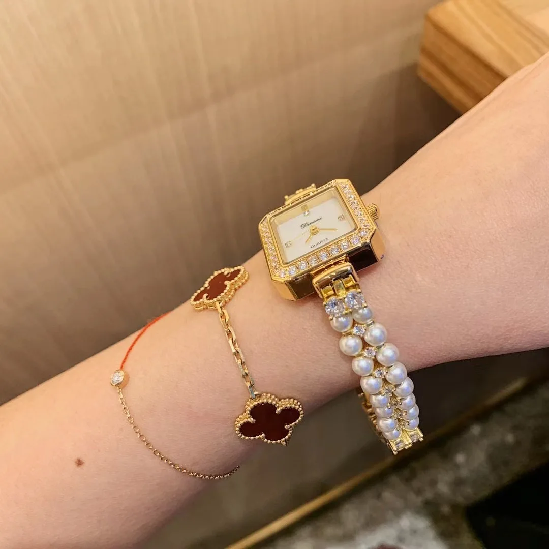 Square Women Natural Freshwater Pearls Bracelets Watches Fashion Elegant Jewelry Watch Shell Crystals Wristwatch Quartz Relogios