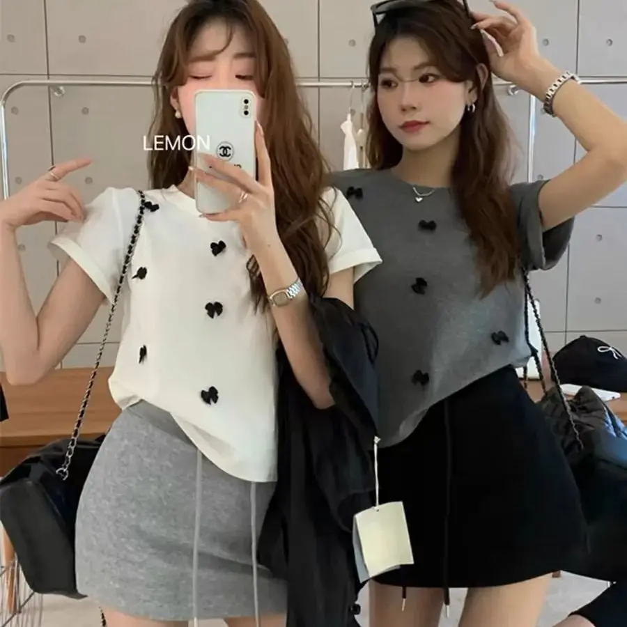 

New summer bow short sleeved knitted t-shirt for women+high waisted drawstring skirt two-piece set for women