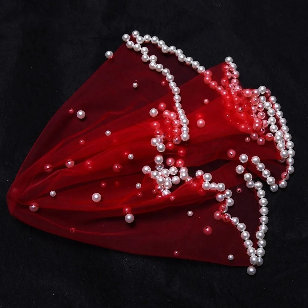 

Модная вуаль невесты с жемчугом и бусинами, короткая французская свадебная фата, кружевной белый, черный, красный, марлевый головной убор с головой невесты