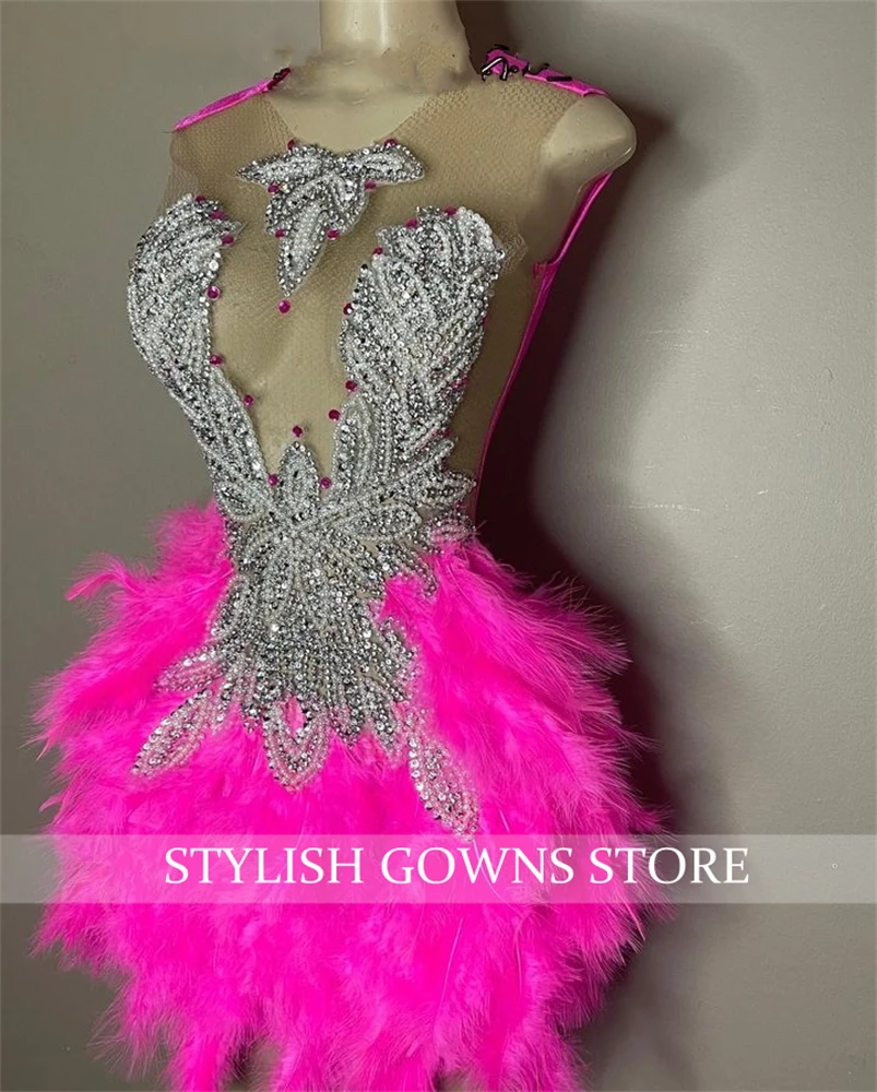 Pink O Neck Short Prom Dress For Black Girls Sparkly Beaded Crystal Birthday Party Dresses Feathers Mini Cocktail Customized image 3