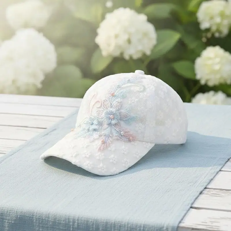 Weiß-Rosa Spitzen-Baseballkappe mit gestickten Blumen, atmungsaktive Baseballkappe, elegante Entenschnabel-Mesh-Sonnenschutzkappe – Detail 11