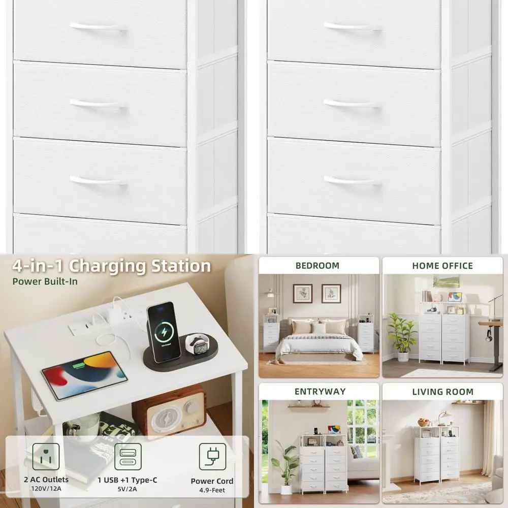 

White Charging Station Nightstand with LED Light for Bedrooms, Kids Rooms, and Dorms; Tall 5-Drawer Dresser with Fabric Bins for