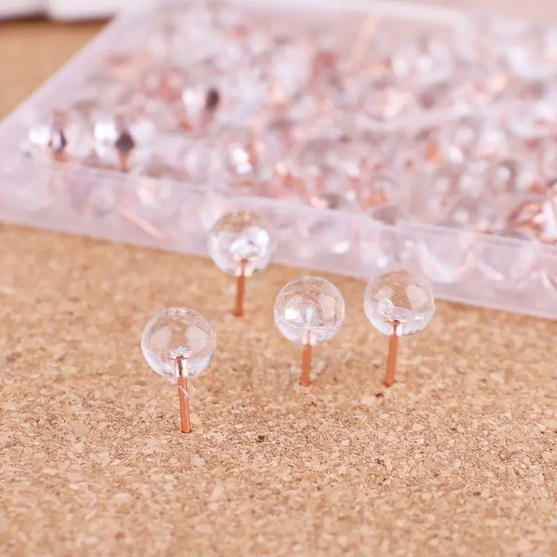 Y5LB 100pcs Transparent Rose Gold Pushpins Thumb Thumbtack Board Round Ball Drawing Photo Wall Studs