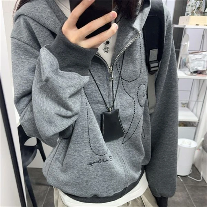 

Женский кардиган с капюшоном в стиле ретро, на молнии с длинными рукавами и буквенным принтом для похудения, повседневный для женщин и подростков, уютный осенний праздничный подарок