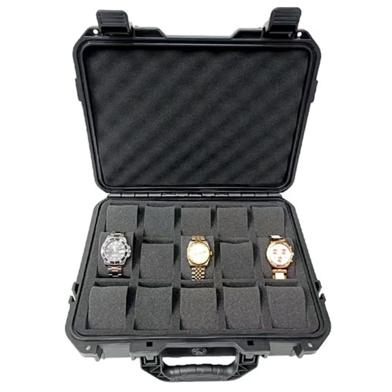 

Портативная витрина для часов, 15-слотовая водонепроницаемая коробка-органайзер для часов, черный пластиковый чемодан, защитный чехол для хранения дисплея