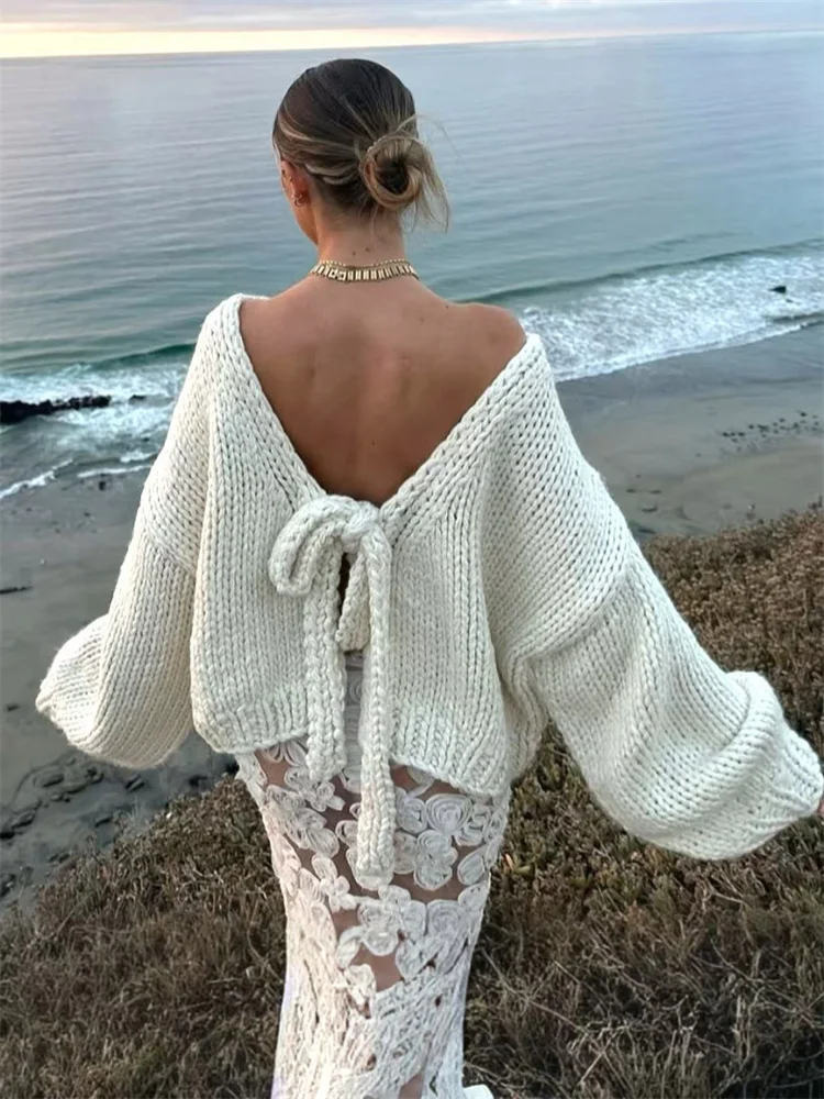 

Tossy Autumn Lace-Up Backless Cardigan Top For Women Hollow Out Casual Solid Loose Beach Holiday Sweater Bandage Female Cardigan