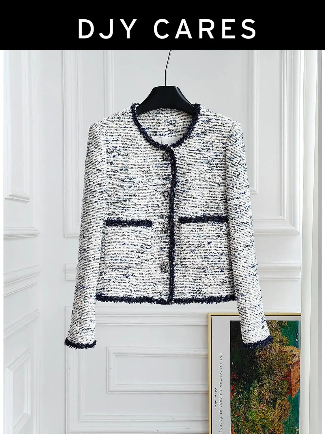 

New blue white color Coarse woolen contrasting patchwork jacket big size