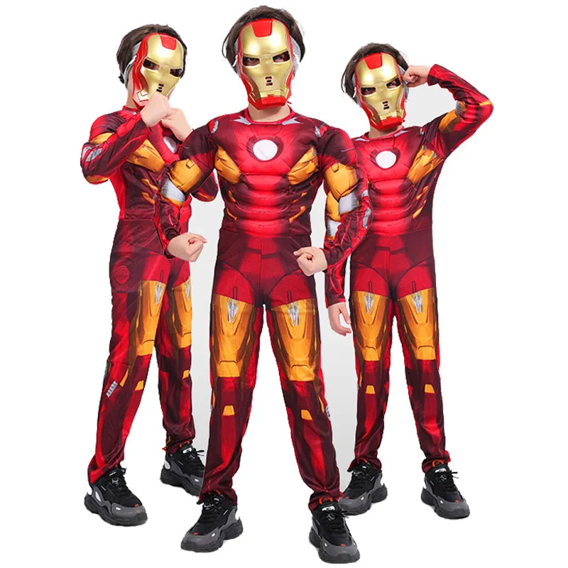 Iron Man Muscle Costume for Kids Superhero Iron Man Cosplay Costume Jumpsuit Zentai Mask Gloves Halloween Party Costume Childr