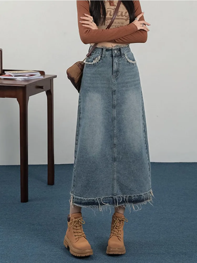 8 サイズミディスカート女性ディストレスデニムヨーロッパベーシックソリッドスリットデザイン秋 Y2k ストリートウェアシックファルダスムジェデイリーニュー