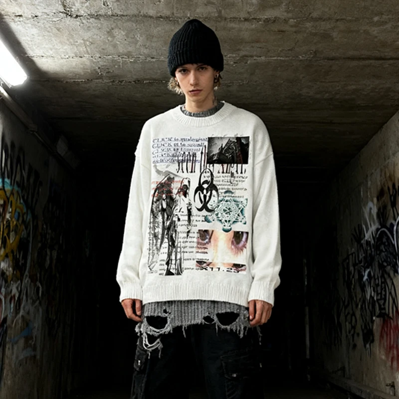 

"Унисекс готический темный свитер с принтом коллажа для мужчин и женщин, эмо-панк, биологическая опасность, эстетический уличный джемпер большого размера, вязаный джемпер"