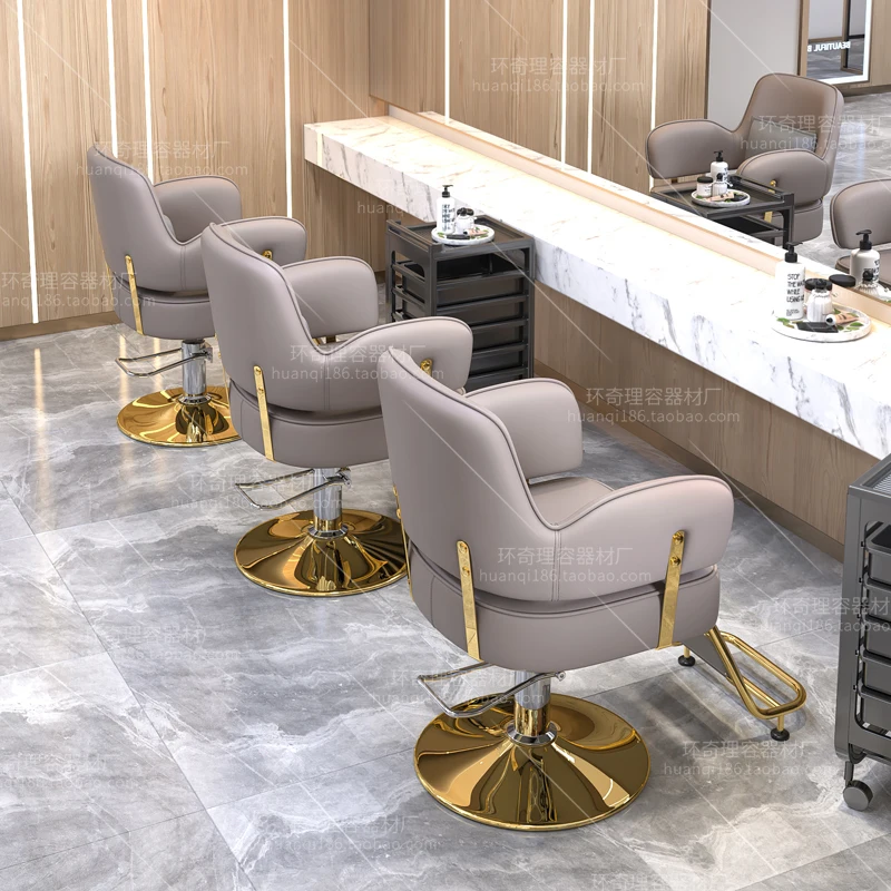 Silla de barbero personalizada, asiento giratorio profesional de cuero dorado, estilo Retro, muebles de salón de lujo