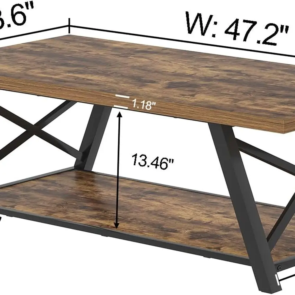 Industriële rustieke salontafel van bruin hout en metaal met opbergruimte, 47e rechthoekig woonkamer middelpunt