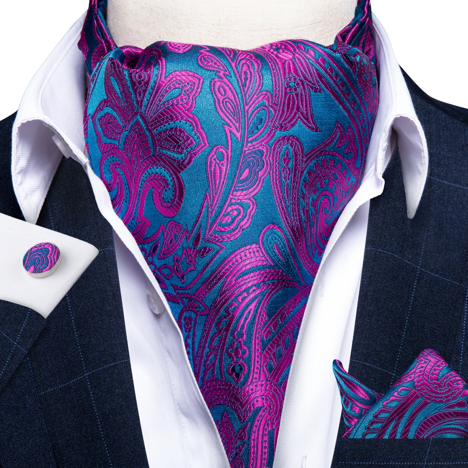 Barry.Wang Mode Herren Ascot Paisley Floral Grau Blaugrün Lila Krawatte Krawatte Scrunch Selbst Britisches Set Formelle Hochzeit Party