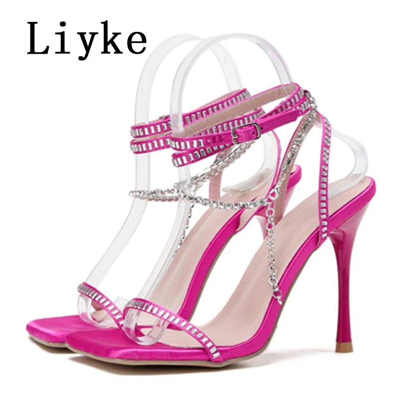 Liyke Runway Style Crystal Chain Sandals Women Fashion Square Toe Ankle Strap Green High Heels Party Wedding Stripper Shoes Lady