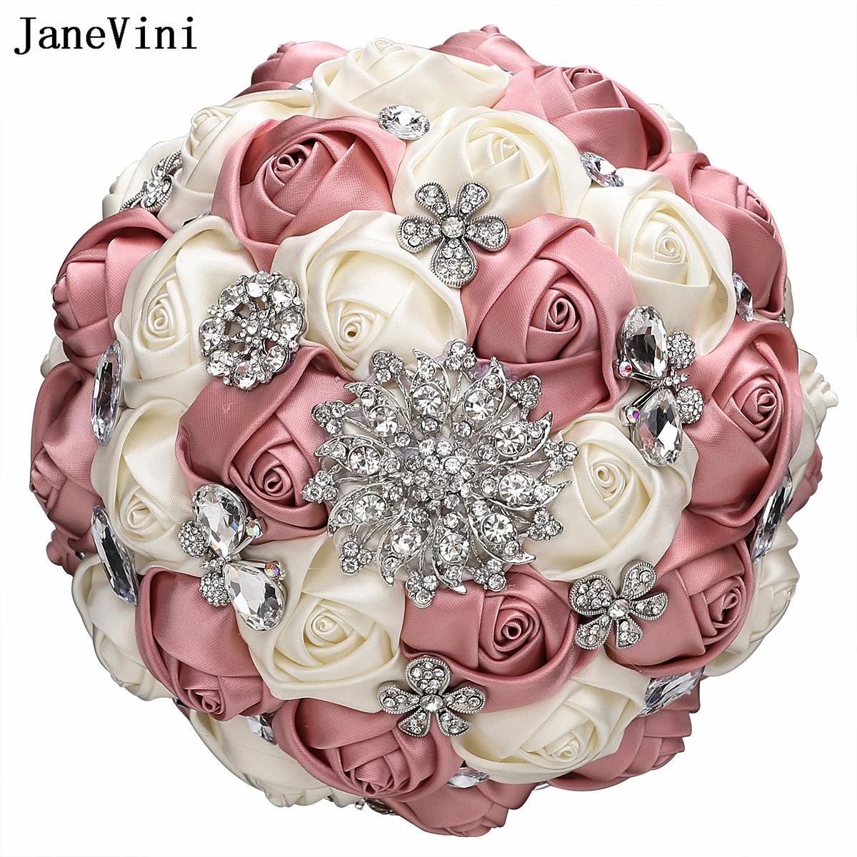 

JaneVini Elegant Nude Pink Wedding Bouquets for Bride Silver Rhinestones Artificial Satin Roses Bride Flower Bouquet Customized