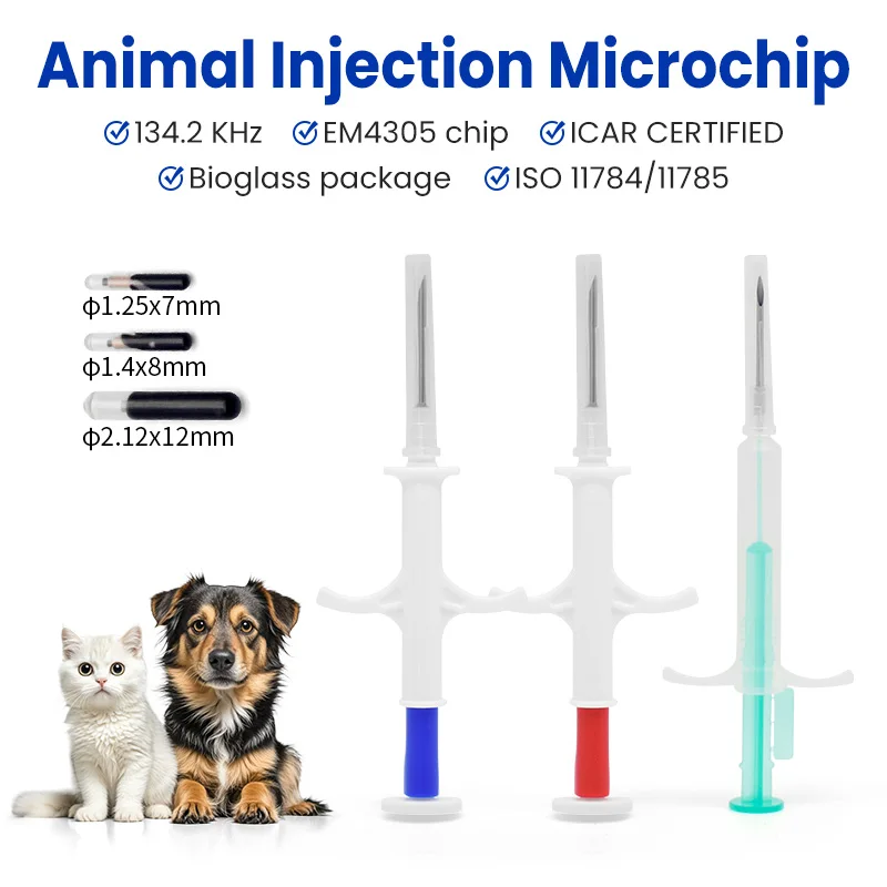 READELL Free Shipping  Pet Microchips 2.12x12/1.4x8mm ISO11784/785 FDX-B cat dog,snake syringe EM4305 fish microchip