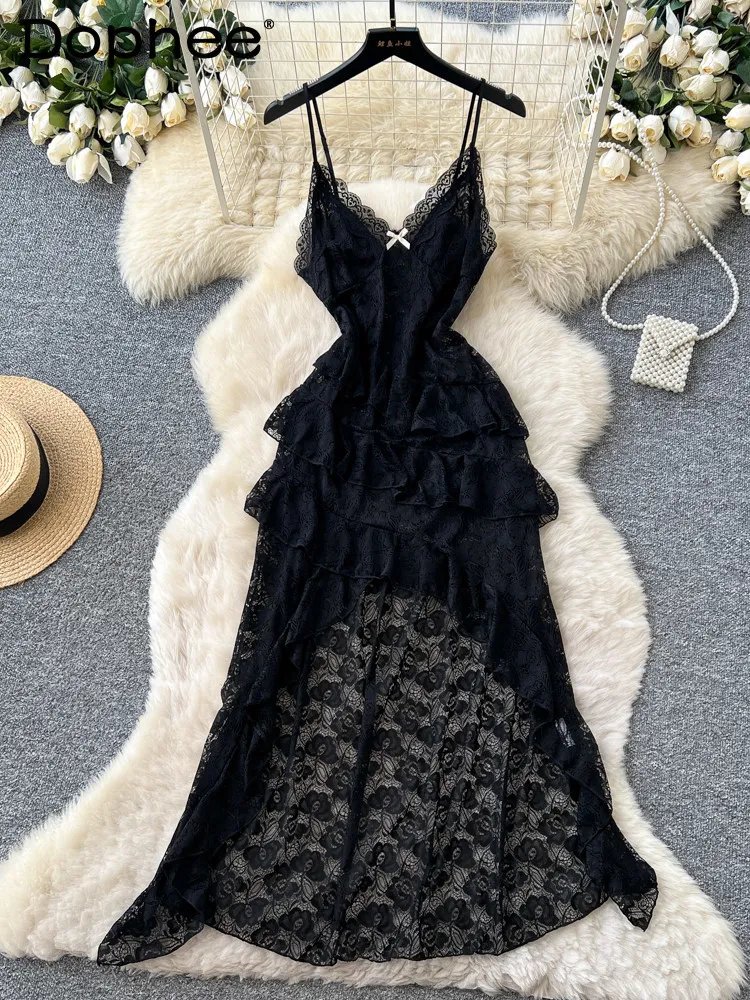 

2026 New Korean Style Fashion Sexy V-Neck Lace Strap Pure Desire Style Dress Summer Ruffled Waist-Slimming Women's Long Dress