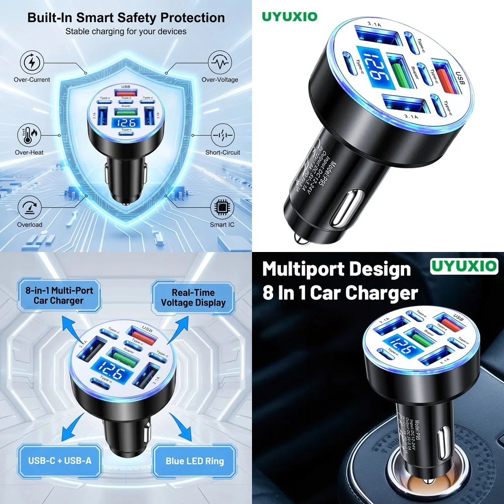 Professional Multi Port 8 in 1 Car Adapter for iPhone 16 Pro Max Samsung S26 Ultra iPad with Digital Voltage Display Tools