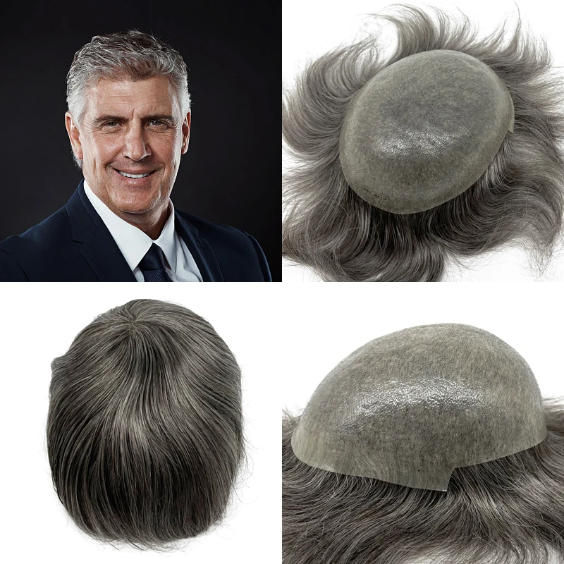 Grey Hair V looped Remy Human Hair Thin PU Toupee Thin Skin Base Hair Piece For Men