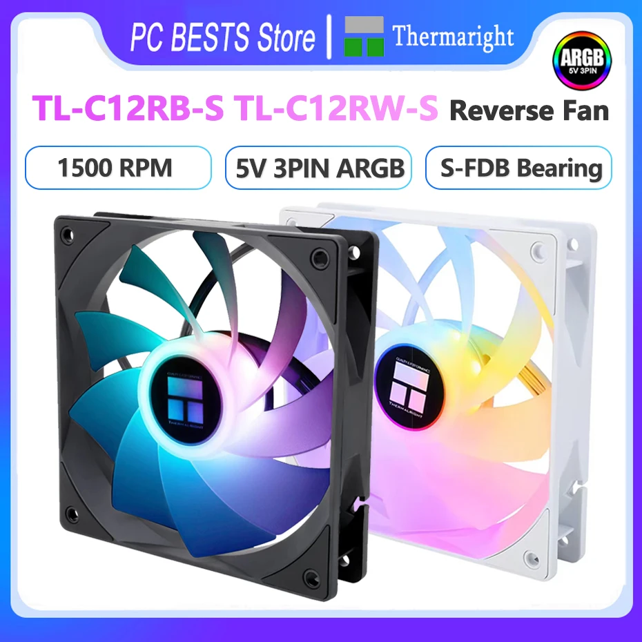 Thermalright TL-C12RB-S V2 TL-C12RW-S V2 Case Fan Reverse Cooling Fan 5V 3PIN ARGB PWM Silent 1500RPM 120mm Case Air CPU Cooler