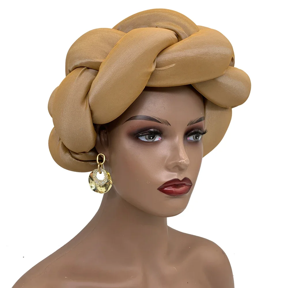 Nigeria Wedding Party Headpiece Female Headband Exaggerated Big Braid Head Band African Raw Silk Turban Cap for Women