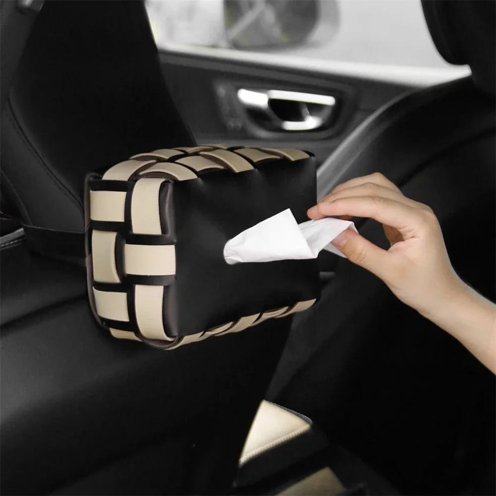 PU Leather Paper Holder Double Plaid Woven Tissue Box Luxury Desktop Napkin Organizer Home Creative Handkerchief Towel Cover