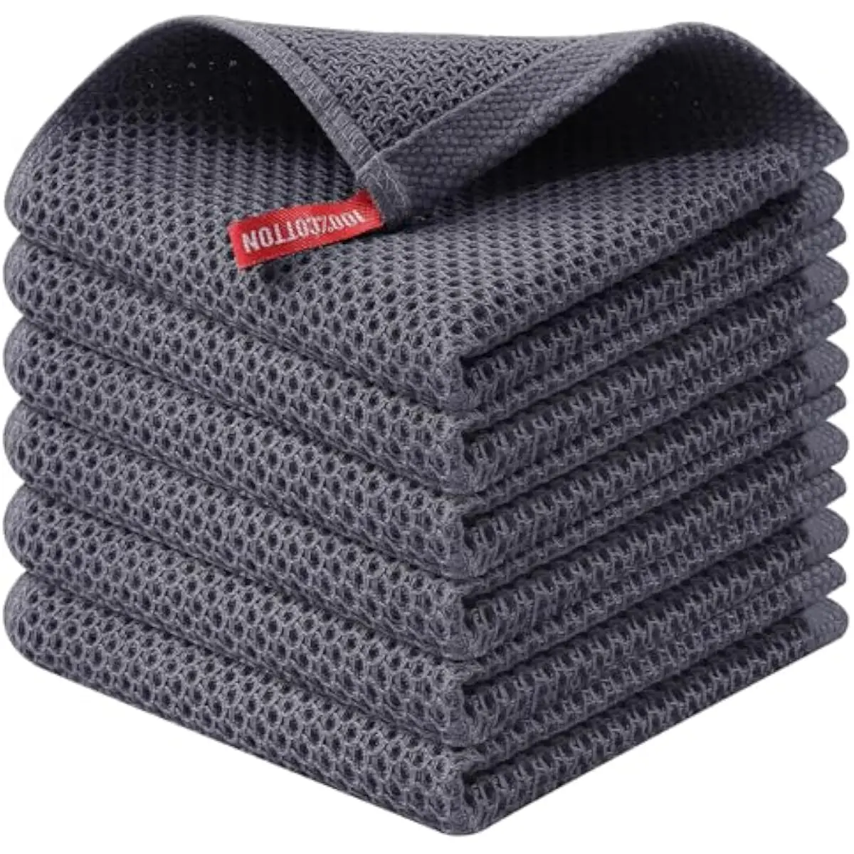 100% Cotton Waffle 6-Pack Kitchen Towels, 12' x 12', Dark Grey