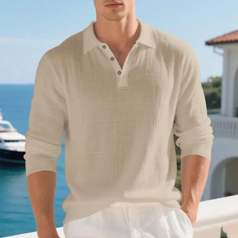 Casual Business Men's Long Sleeve Polo Shirt Pure Color Lapel American Style Casual Loose Polo Tops Cross-border Male Garment