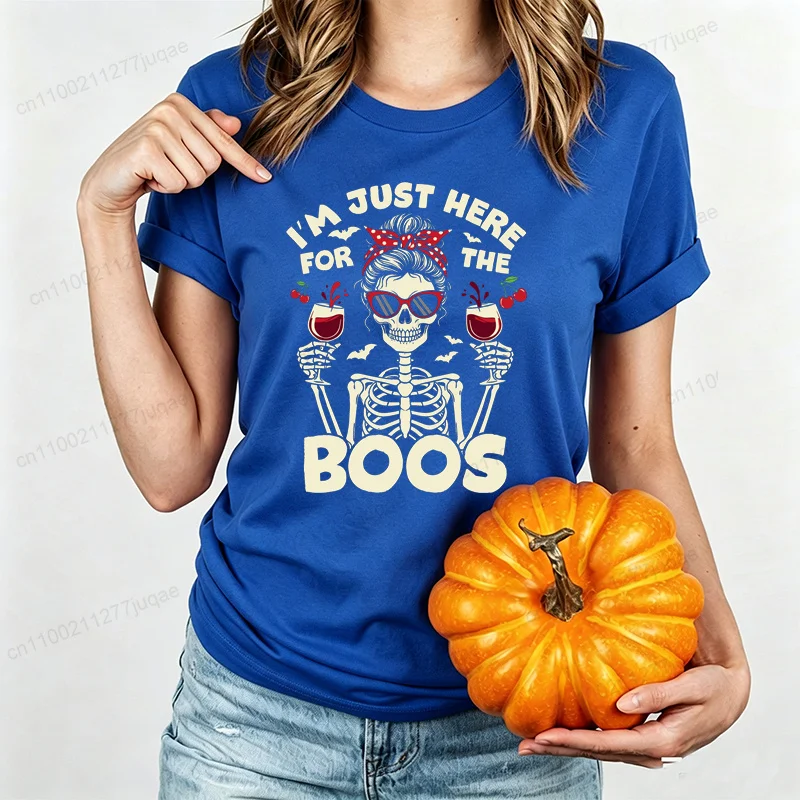 Funny Halloween Skeleton T-Shirts Just Here for The Boos with Wine Glass Retro Spooky Ghost Boo Quote Tshirt Friends Party Gifts
