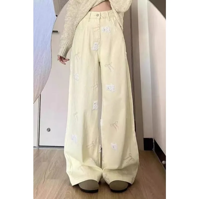

Women's Pastel Yellow High Waist Wide Leg Jeans with Floral Bow Embroidery