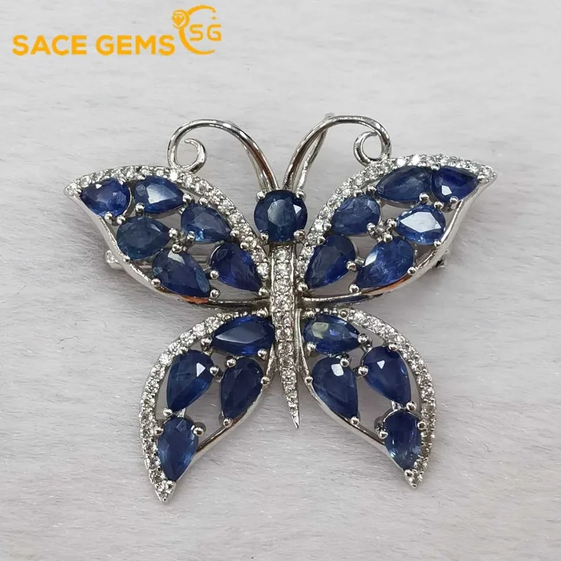 

SACE GEMS S925 Sterling Silver 3*5MM Natual Sapphire Pendant Necklaces Brooch for Womne Engagement Cocktail Party Fine Jewelry