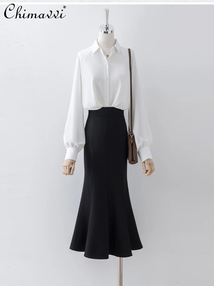 

Office Lady Casual Commuting Black Skirt 2024 Spring Summer Elegant Retro High Waist Tight Sheath Fishtail Midi Skirt For Women