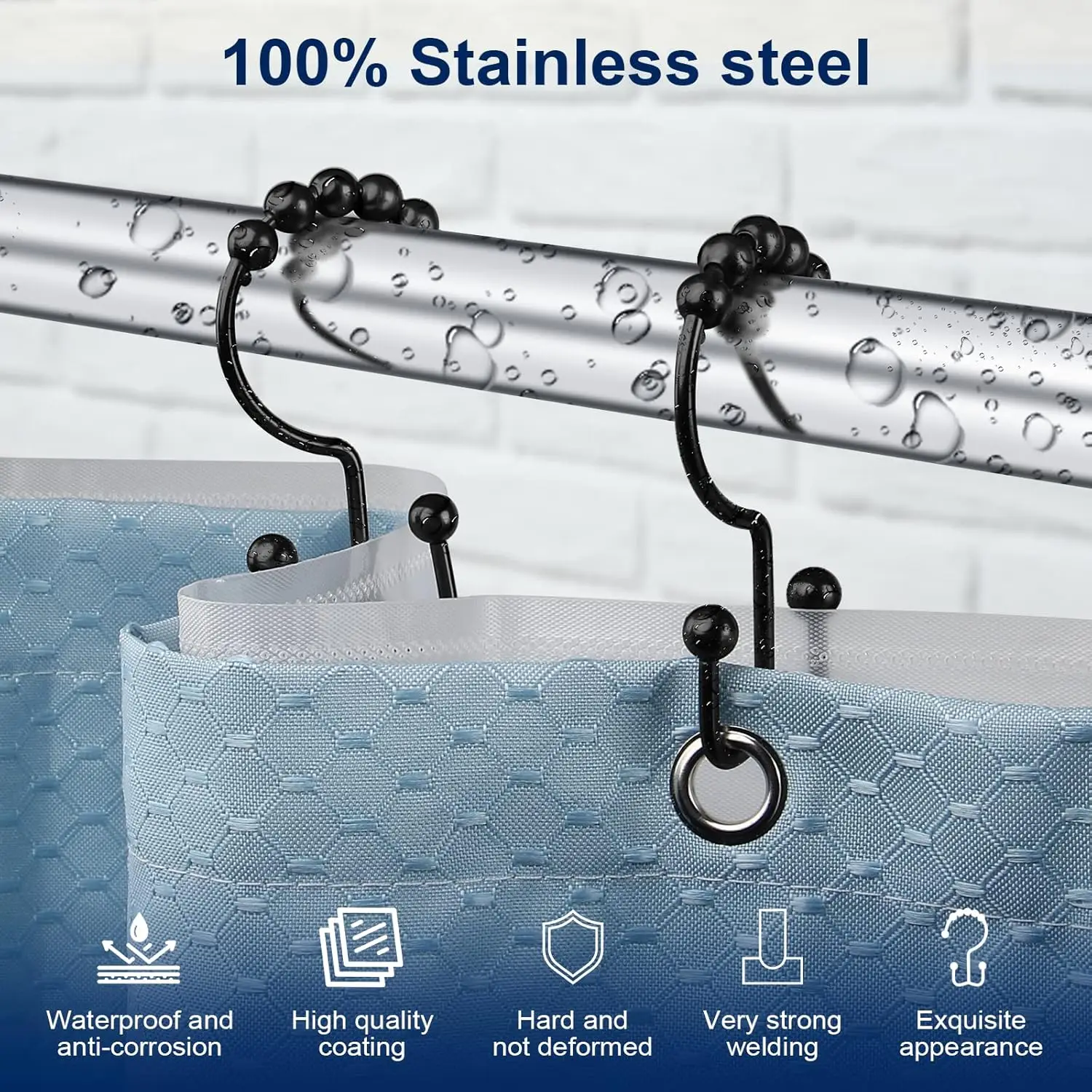Shower curtain hook, sturdy stainless steel double-sided shower hook, bathroom ring, shower curtain rod, matte black，4-piece set view 2
