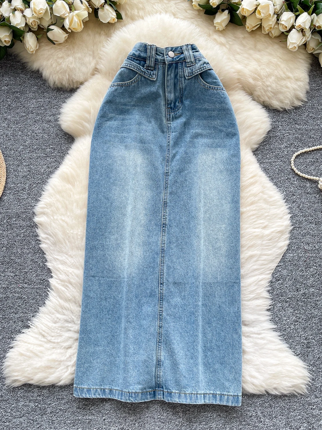 

Cool Spicy Light Blue Denim Skirt Women's Summer High Waist Slimming Vintage Faded Long A-Line Slit f-length Skirt