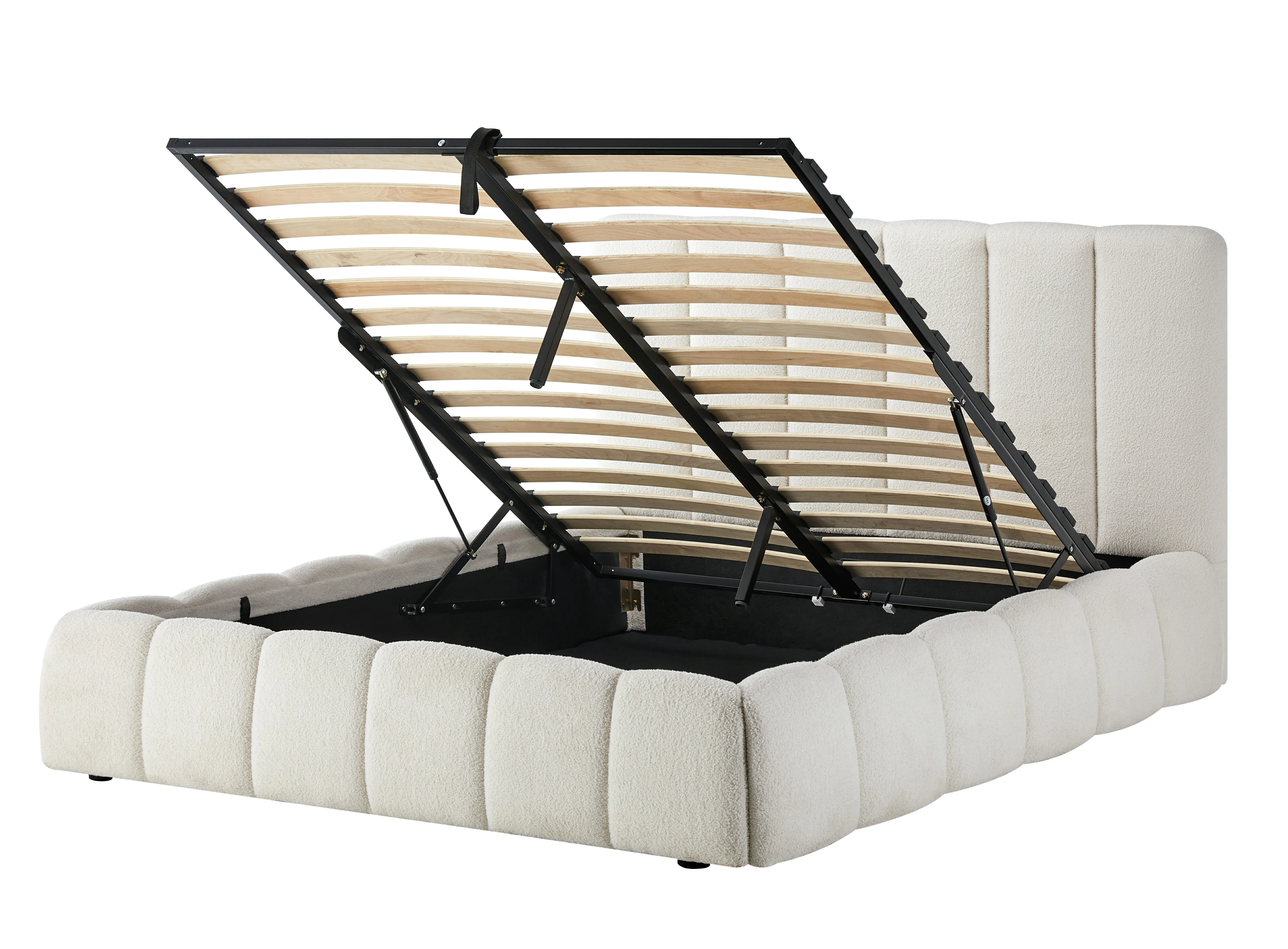 Wholesale Minimalist Nordic Modern Upholstered Wooden Bedframe Teddy White King Size Gas Lift up Bed Frame With Storagepromote s