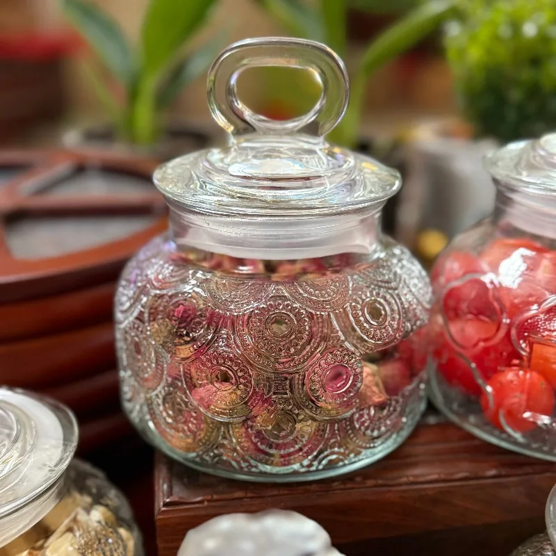 خمر منحوتة بيجونيا نمط الزجاج مختومة جرة تخزين جرة المطبخ المنزلية المجففة الفاكهة الحلوى وجبات خفيفة تخزين الشاي تخزين الجرار