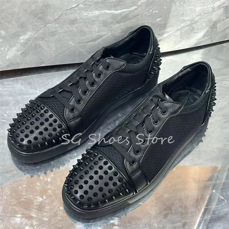 

Luxury Design Handmade Leather Shoes for Men Punk Rivet Decor Sports Shoes Male Round Toe Chunky Bottom Lace-Up Sneakers