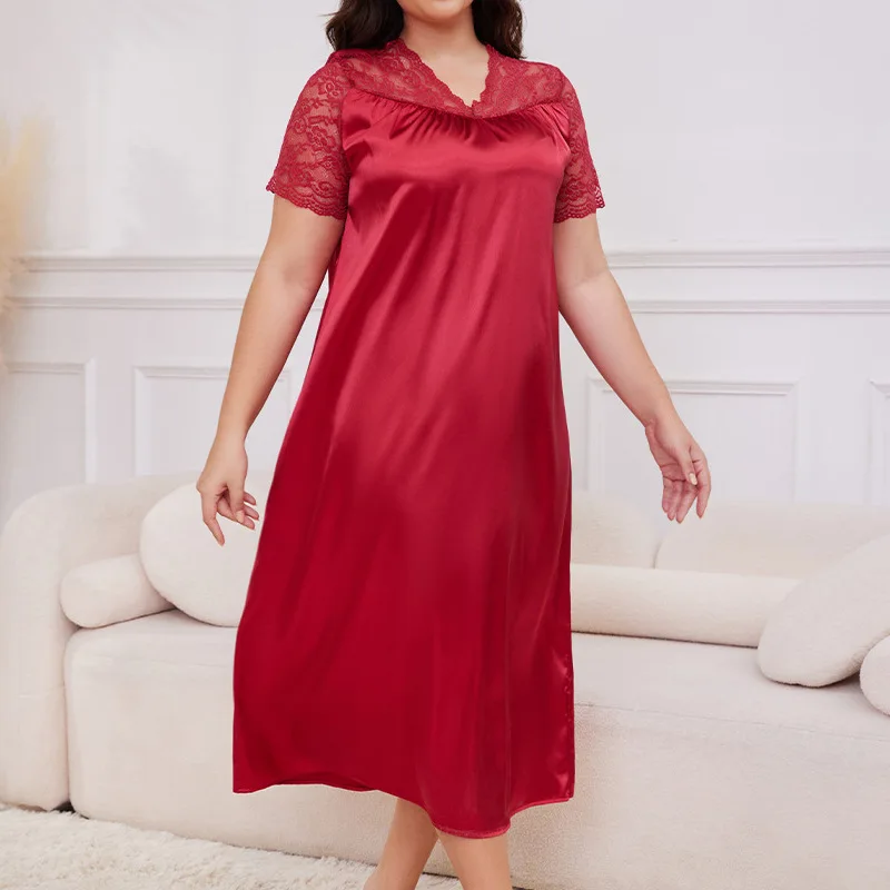 2025 New Pajamas Women's Spring and Summer Ice Silk Short-sleeved Long Pajamas Loose Loungewear