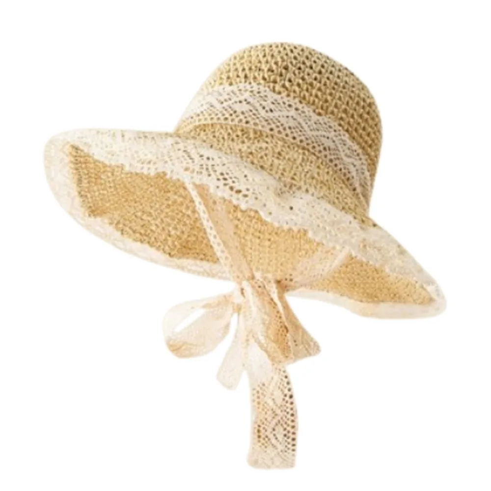 

Vacation Elegant Woman's Straw Hat Foldable Breathable Lace Brim Sunshade Cap with Rope Wooden Beads Colorful Straw Hat Outdoor