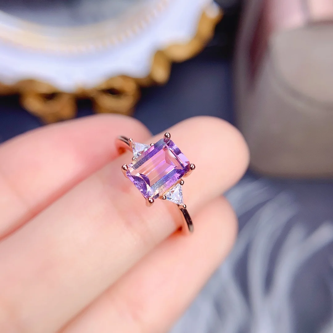 Sterling Silver with Natural Ametrine Ring Emerald Cut 7x9mm Natural Gemstone Women Engagement Ring Fine Jewelry view 6